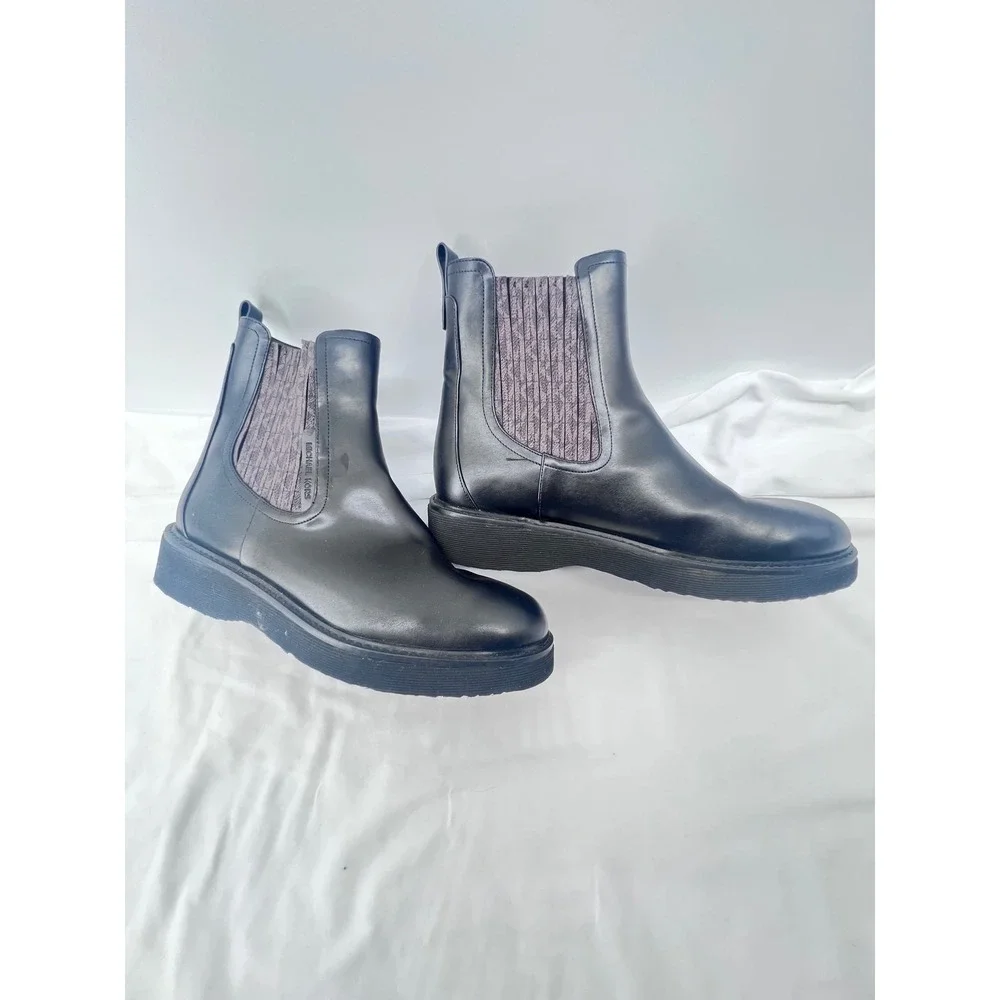 Michael Kors Mens 11 Black Leather Chelsea Boots Lug Sole MK Logo Ankle Boots